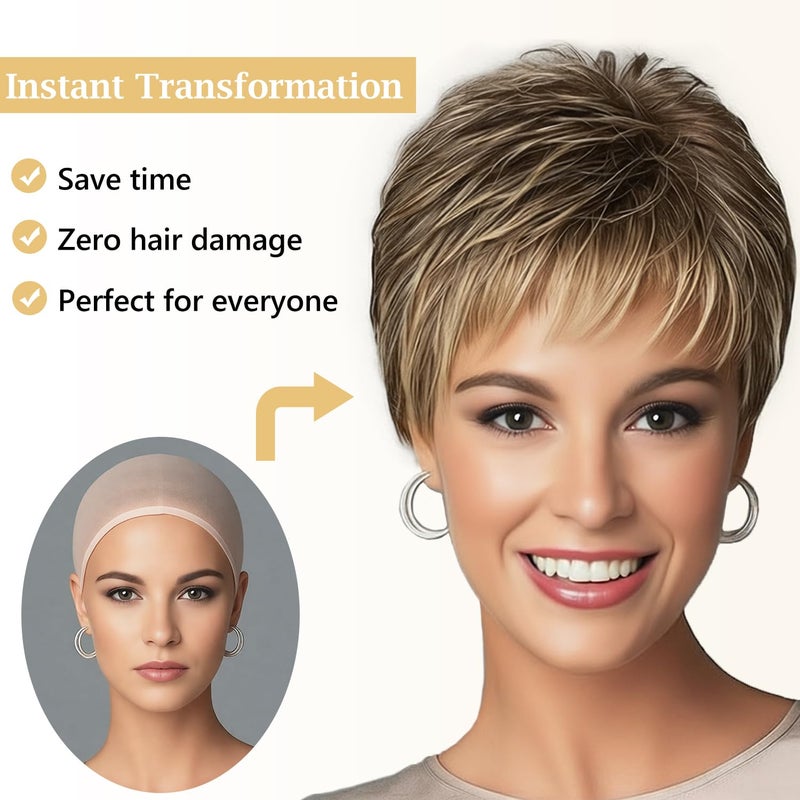 SEVENCOLORS باروكة قصيرة بلون بني داكن مختلط مع أشقر لنساء SEVENCOLORS مع طبقات وهايلايت مع غرة باروكة استبدال شعر طبيعية - Image 5